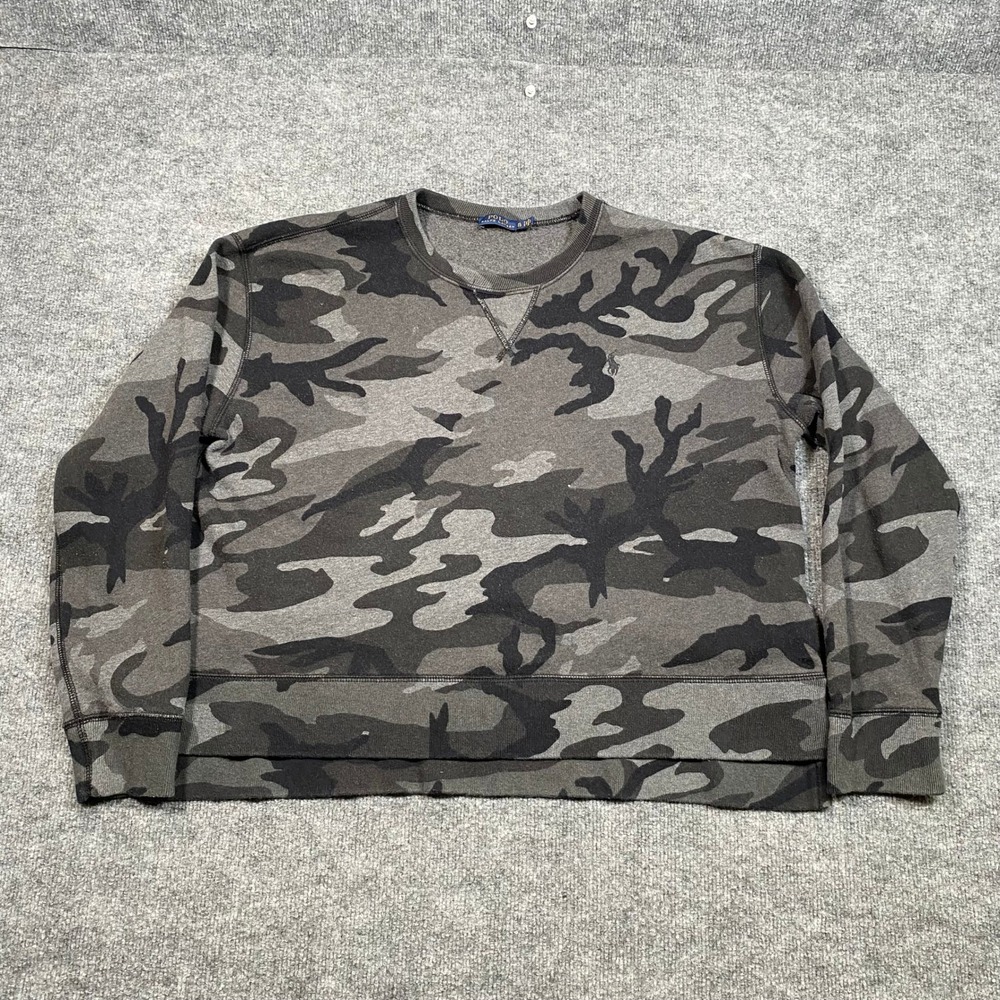 Polo Ralph Lauren Mens XL Camo Crewneck Sweatshirt Grey Black Camouflage Fleece